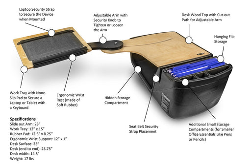AutoExec Reach Desk Front Seat Car Desk w Printer Stand Tablet Mount in Grey