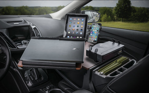 AutoExec Reach Desk Front Seat Car Desk w Power Inverter Printer Stand Phone Mount Tablet Mount in Mahogany