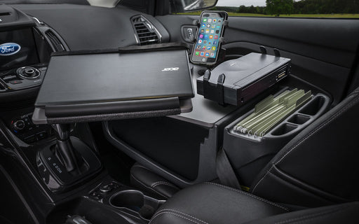 AutoExec Reach Desk Front Seat Car Desk w Power Inverter Printer Stand Phone Mount in Grey