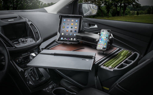 AutoExec RoadMaster Car Desk w Power Inverter Phone Mount Tablet Mount Printer Stand in Mahogany