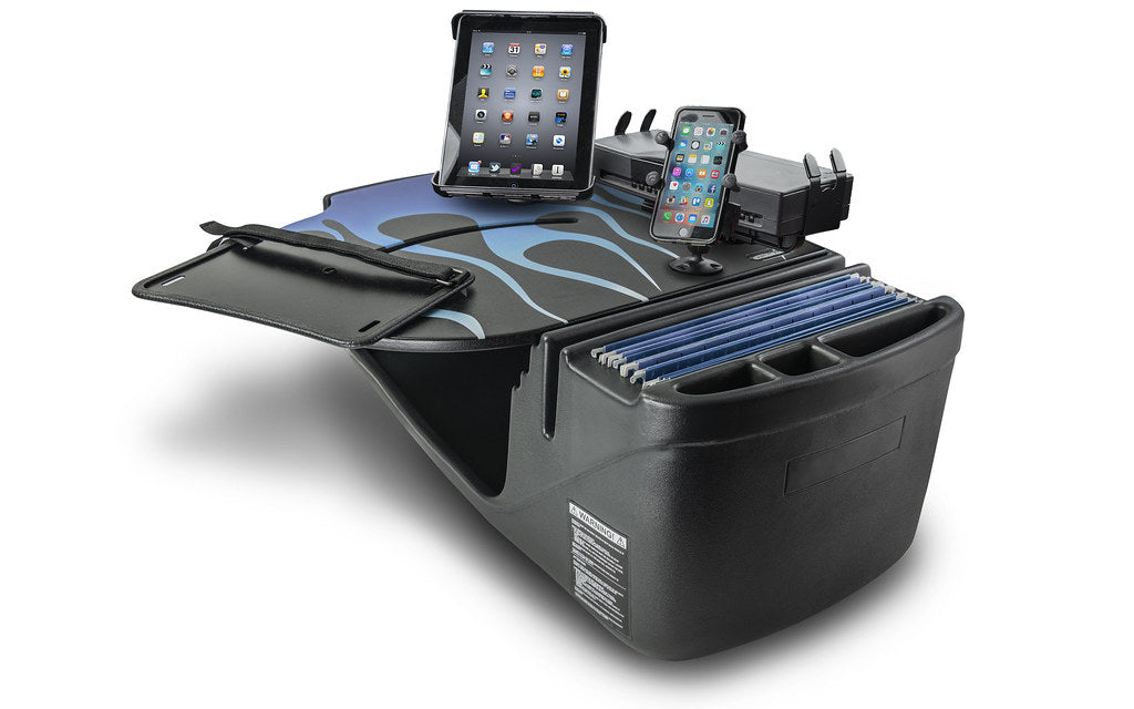 AutoExec RoadMaster Car Desk w Power Inverter Phone Mount Tablet Mount Printer Stand in Blue Steel Flames