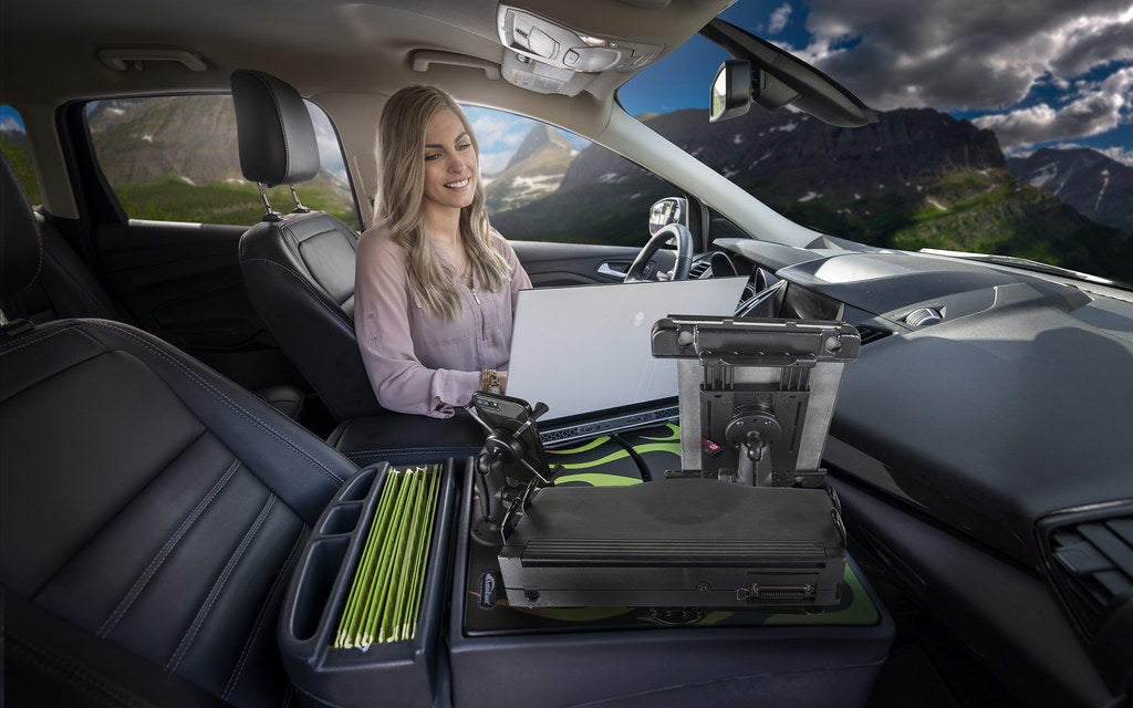 AutoExec RoadMaster Car Desk w Power Inverter Phone Mount Tablet Mount Printer Stand in Candy Apple Green Flames