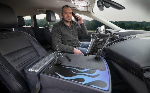 AutoExec Efficiency GripMaster Car Desk w Power Inverter Phone Mount Tablet Mount in Blue Steel Flames