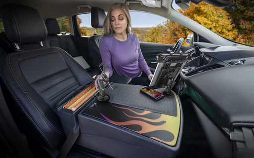 AutoExec Efficiency GripMaster Car Desk w Power Inverter Phone Mount Tablet Mount in Hot Rod Orange Flames
