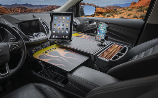 AutoExec GripMaster Car Desk w Power Inverter Phone Mount Tablet Mount in Hot Rod Orange Flames