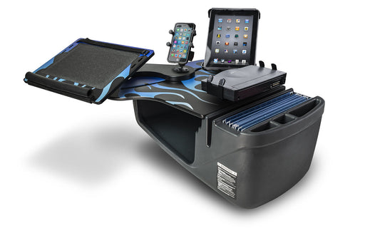 AutoExec Reach Desk Front Seat Car Desk w Power Inverter Printer Stand Phone Mount Tablet Mount in Blue Steel Flames