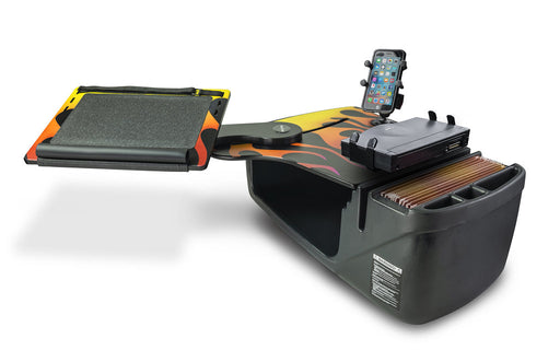 AutoExec Reach Desk Front Seat Car Desk w Power Inverter Printer Stand Phone Mount in Hot Rod Orange Flames