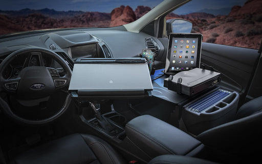 AutoExec Reach Desk Front Seat Car Desk w Power Inverter Printer Stand Phone Mount Tablet Mount in Blue Steel Flames