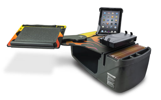 AutoExec Reach Desk Front Seat Car Desk w Power Inverter Printer Stand Tablet Mount in Hot Rod Orange Flames