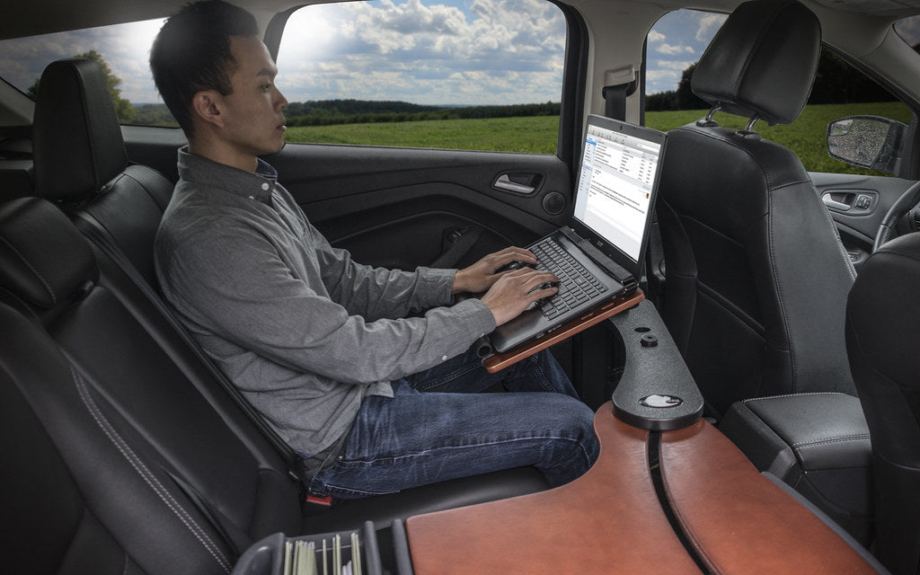 AutoExec Reach Desk Back Seat Left Side Car Desk w Power Inverter Tablet Mount in Mahogany